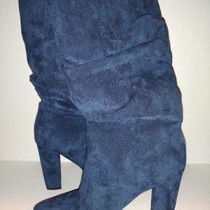 Womens Blue Suede High Heel Boots Mid-Calf Sz 8.5